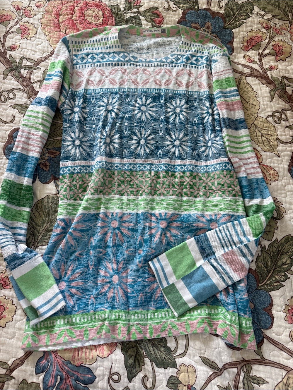 Striped Floral Crewneck Long-Sleeve Top in Blue, Green & Pink